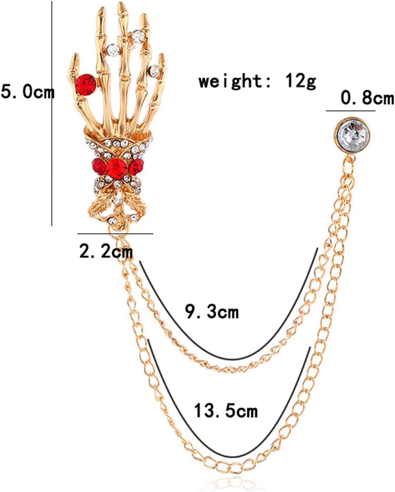 WCRAZYE 2PCS Vintage Skeleton Hand Long Chain Lapel Pin for Women Men Gothic Punk Brooch Retro Crystal Skeleton Skull Collar Pin Halloween Gifts - Image 5